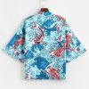 Sea Wave Koi Print Open Front Kimono Cardigan