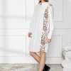 Leopard Panel Button Up Slit Long Sleeve Shirt Dress - White S