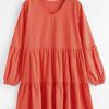 Long Sleeve V Neck Casual Smock Dress - Orange S