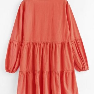 Long Sleeve V Neck Casual Smock Dress - Orange S