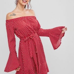 Polka Dot Off Shoulder Flippy Hem Dress - Red S