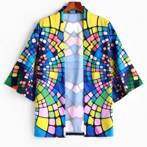 Colorful Geometric Print Open Front Kimono Cardigan