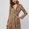 Leopard Flounce Animal Print Wrap Long Sleeve Dress - Tiger Orange S