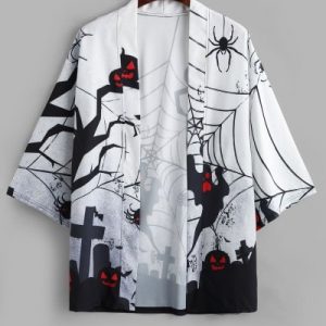 Halloween Pumpkin Spider Ghost Print Open Front Kimono Cardigan