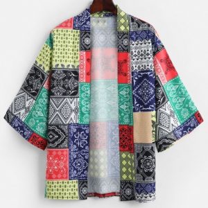 Bandana Print Open Front Casual Kimono Cardigan