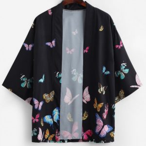 Colored Butterfly Allover Print Kimono Cardigan