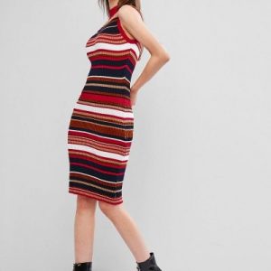 Colorful Striped Knit Bodycon Dress - Multi-a