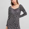 Long Sleeve Gathered Front Polka Dot Mini Dress - Black L