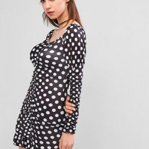 Long Sleeve Gathered Front Polka Dot Mini Dress - Black L