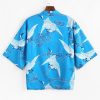 Flying Crane Pattern Print Open Front Kimono Cardigan