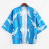 Flying Crane Pattern Print Open Front Kimono Cardigan