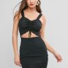 Cinched Cutout Ribbed Knit Sweetheart Neck Dress - Black Xl