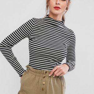 Mock Neck Ribbed Stripes Tee