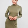 Basic Mock Neck Long Sleeve Bodycon Dress - Camouflage Green Xl