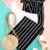 One Shoulder Striped Belted Two Pieces Suit