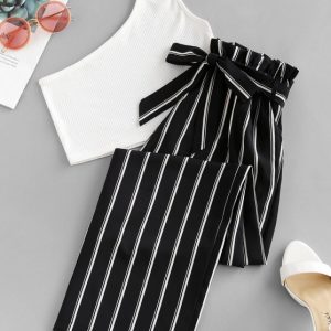 One Shoulder Striped Belted Two Pieces Suit