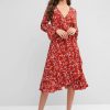 Poet Sleeve Ditsy Floral Ruffles Wrap Dress