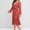 Polka Dot Surplice Flounce Belted Midi Dress