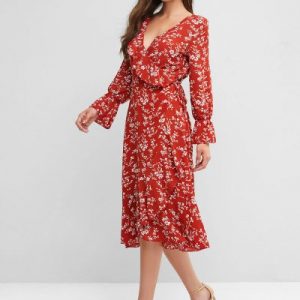 Polka Dot Surplice Flounce Belted Midi Dress