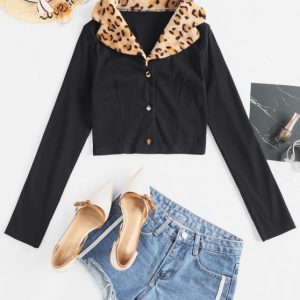 Leopard Fluffy Collar Buttoned Crop Cardigan