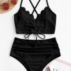 Scalloped Lace-up Ruched Tankini Swimsuit