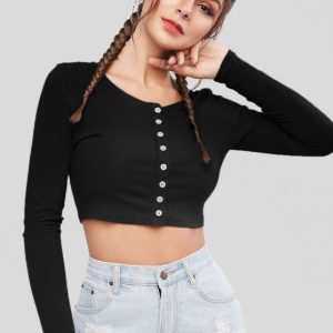 Button Up Ribbed Crop Tee