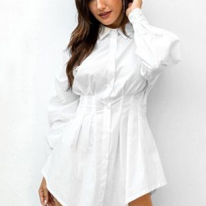 Ruched Waist Button Down Long Sleeve Shirt Dress