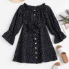 Button Up Tie Front Dotted Long Sleeve Dress - Dark Slate Blue S