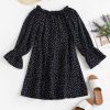 Button Up Tie Front Dotted Long Sleeve Dress - Dark Slate Blue S