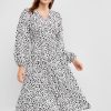 Button Loop Dalmatian Dot Long Sleeve Dress