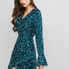 Ruffle Trumpet Sleeve Ditsy Print Dress - Greenish Blue S