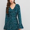 Ruffle Trumpet Sleeve Ditsy Print Dress - Greenish Blue S