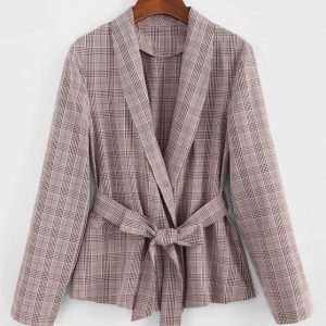 Shawl Collar Belted Plaid Blazer