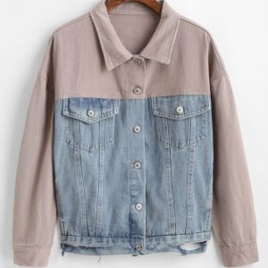 Colorblock Drop Shoulder Distressed Denim Jacket