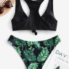 Tropical Leaf Knotted Racerback Bikini Swimsuit - Black