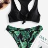 Tropical Leaf Knotted Racerback Bikini Swimsuit - Black