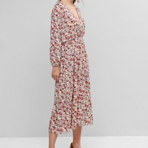 Floral Surplice Long Sleeve Midi Dress - Multi-a M