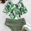 Palm Leaf Flounce Ruched Tankini Swimsuit