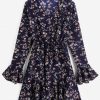 Drawstring Ditsy Floral Flare Sleeve Surplice Dress