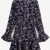 Drawstring Ditsy Floral Flare Sleeve Surplice Dress