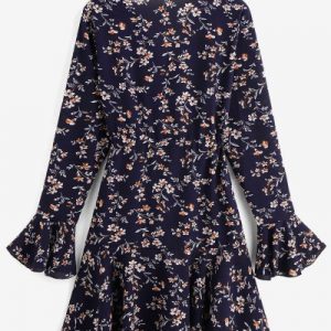 Drawstring Ditsy Floral Flare Sleeve Surplice Dress