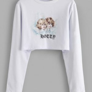 Long Sleeve Cropped Angel Graphic Tee - White S