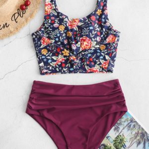 Ruched Knot Plant Print Tankini Swimsuit