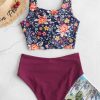 Ruched Knot Plant Print Tankini Swimsuit