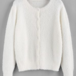 Fuzzy Knit Plain Round Neck Cardigan