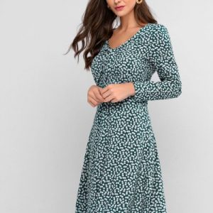 Tie Front Floral Long Sleeve A Line Dress - Dark Turquoise Xl