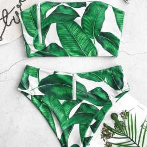 Zip Palm Leaf Bandeau Tankini Swimsuit