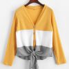 Button Up Color Block Knotted Cardigan