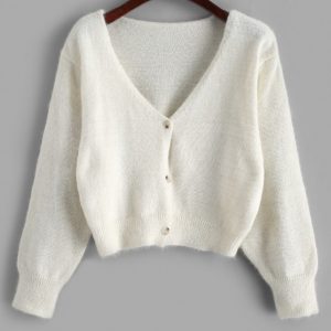 Fuzzy Button Up V Neck Cropped Cardigan