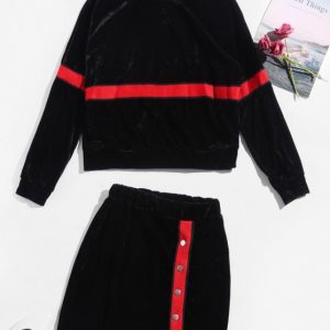 Contrast Tape Snap Button Velvet Two Piece Dress